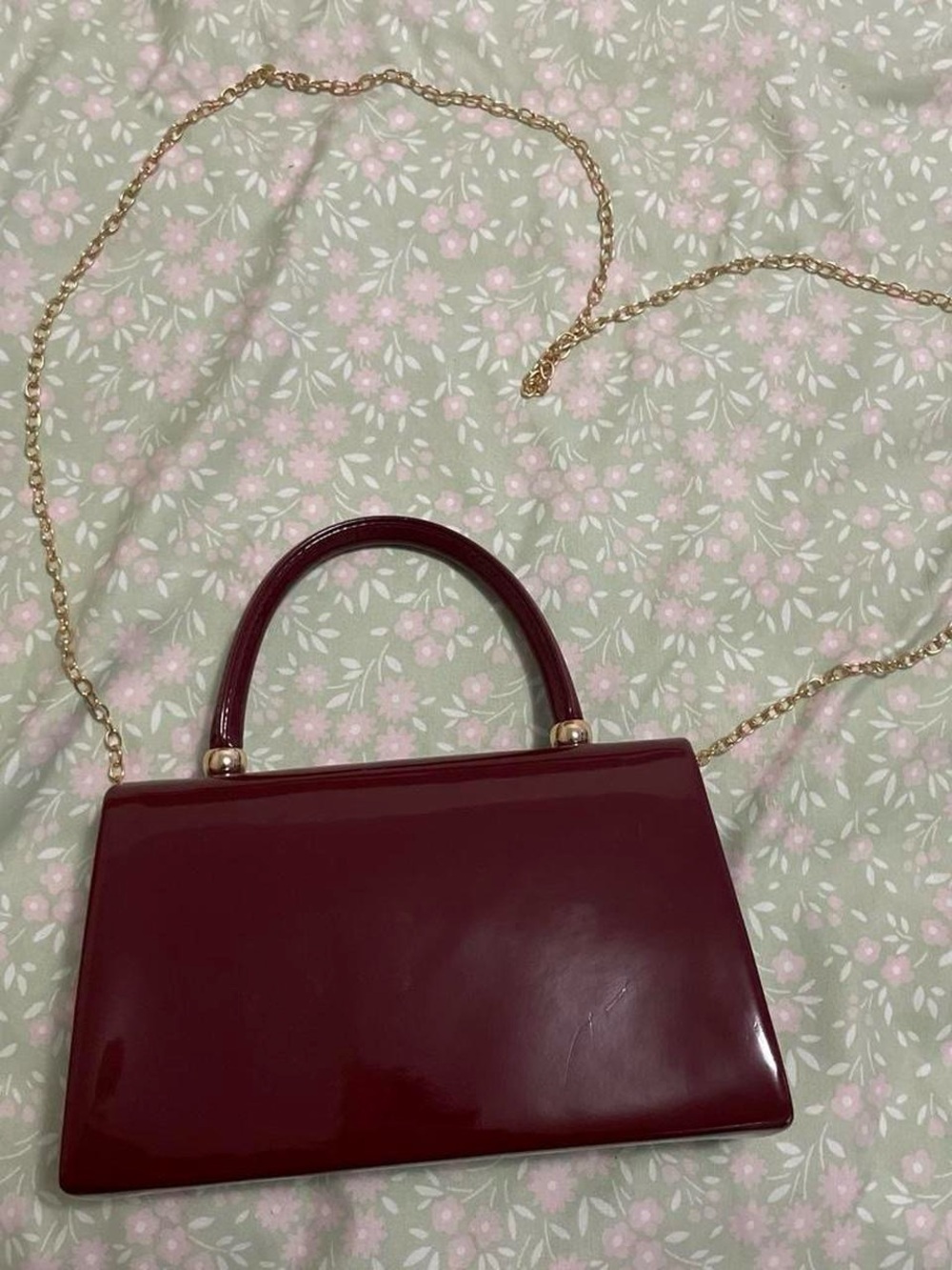 Vintage Burgundy Patent Mini Top-Handle Bag with Gold Chain